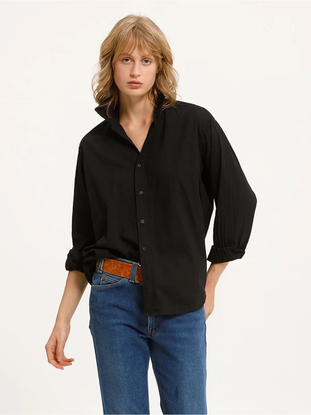 Cali by Cali Dreaming Collared Boy Shirt Black Button Front Women’s S